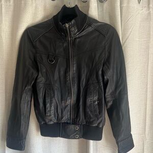 Size Small: Black Leather Bomber Jacket.